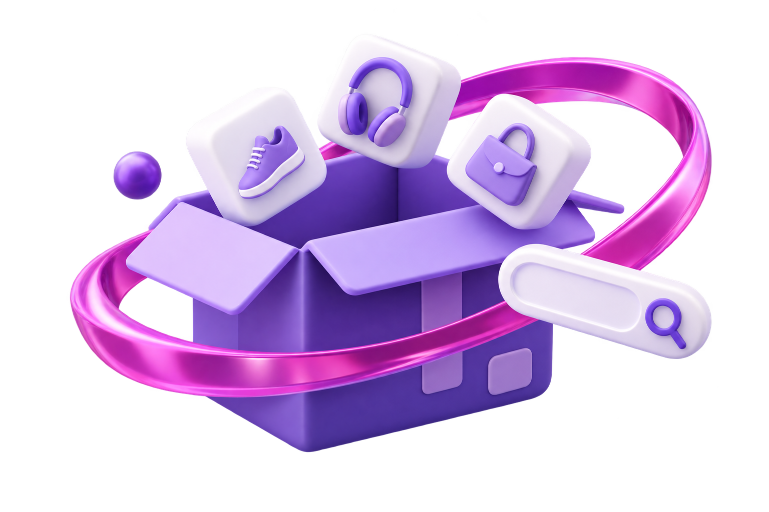Sculpture 3D de colis et de produits, entourés d'un ruban violet et magenta